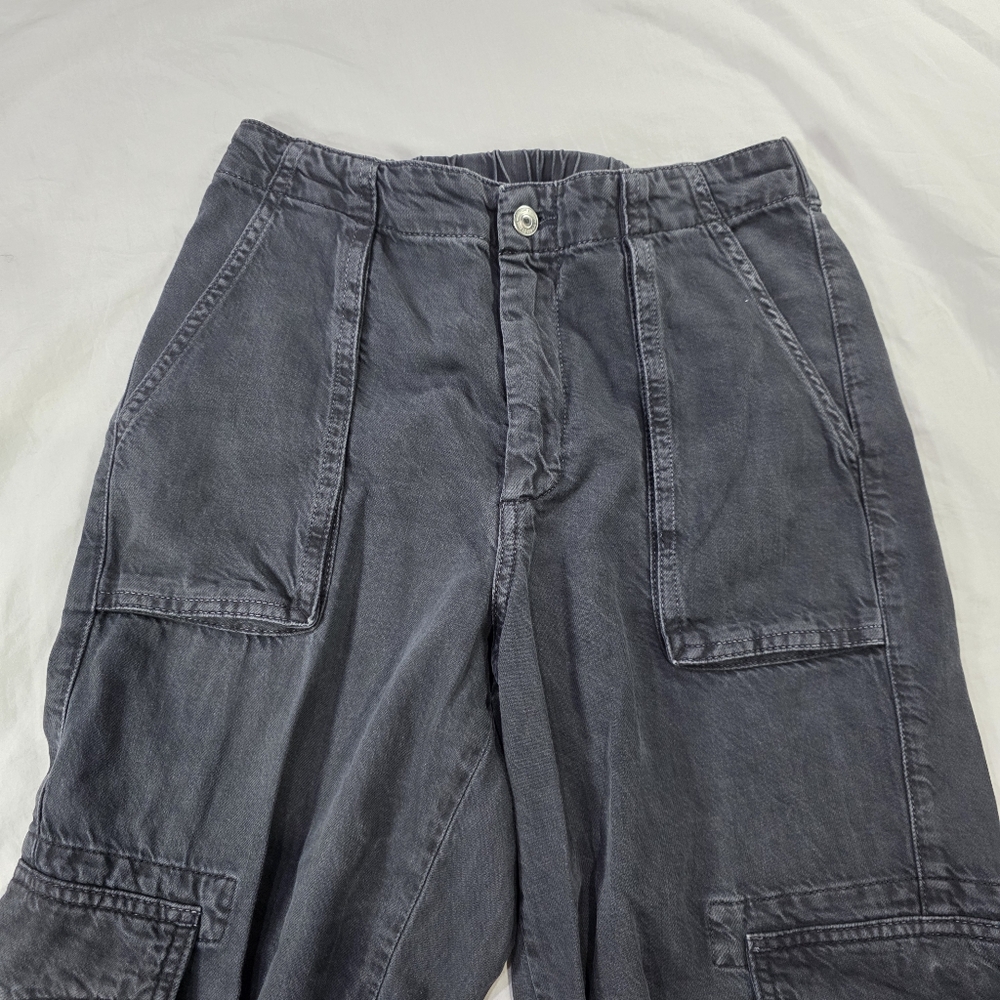 All Saints Frieda High Rise Denim Cargo Trousers w/Elastic Cuffs in Washed Black